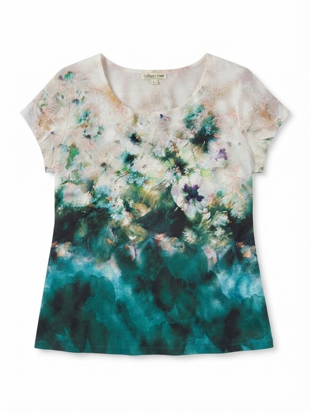 Coldwater Creek Women's XL Teal Floral Abstract Scoop Neck Short Sleeve Tee